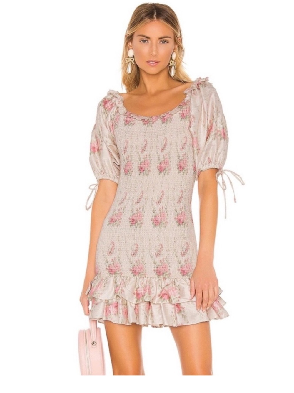 LoveShackFancy Cream Violet silk dolce smocked puff sleeve Dress